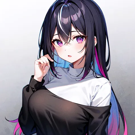 1girl, bangs, bare_shoulders, black_hair, blush, breasts, gradient, (gradient_background:1.34), grey_background, hair_between_eyes, hand_in_hair, large_breasts, long_hair, long_sleeves, looking_at_viewer, multicolored_hair, off_shoulder, open_mouth, pink_hair, purple_eyes, shirt, sidelocks, solo, streaked_hair, two-tone_hair, upper_body, white_shirt