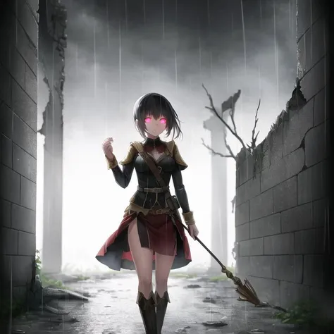 best quality, rain, fantasy, walking through ruined ancient buildings, 1girl, detailed clothing, glowing eyes,