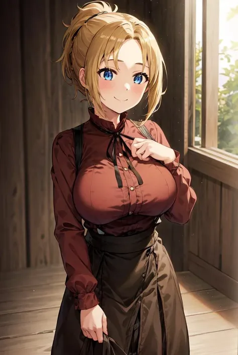 Zenith, 1girl, solo,  blue_eyes, blonde_hair,  smile, long_sleeves, large_breasts, parted_bangs, red_shirt, bangs, ponytail, black_ribbon, brown_skirt,  neck_ribbon, pants, long_skirt