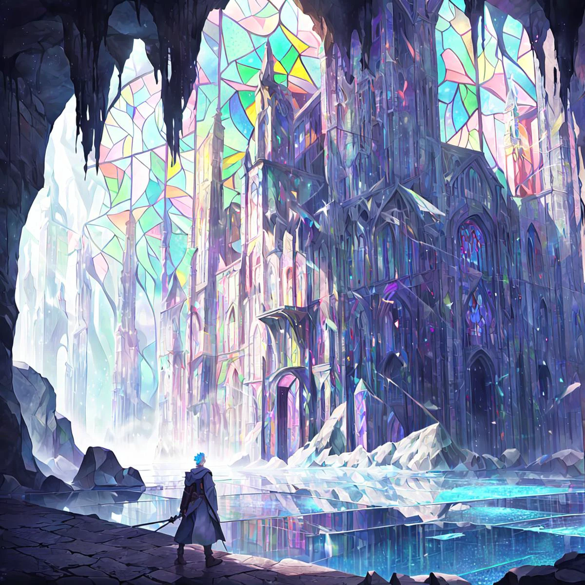absurdres, best quality, ultra-detailed, inside a cave, (fantasy city made of multicolored glowing stained glass, specks of multicolored dust falling from the cave roof:1.3), liquid like reflective floor, beautiful, (otherworld, abstract:1.2), HDR, Ray Tracing, professional, concept_art, godly lighting, light_particles, outside of city, buildings, dark, light spreading from the glowing city, stone_roof, distant shot, city in the distance, shattered buildings, floating glass, frozen time,