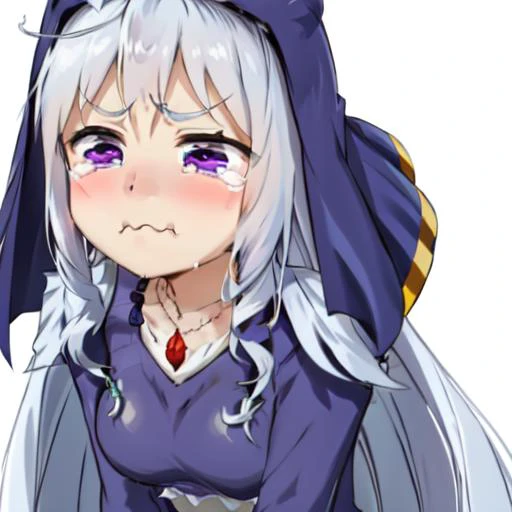 <lora:Eris0.32:1>, 1 girl, closed mouth, tears, wavy mouth, tearing up, pout, :i, meme, :t, parody, frown, v-shaped eyebrows, crying, sad, crying with eyes open, puffy cheeks <lora:merrytail_aqua_crying_meme_v02-05:0.7>, nun, [purple hair: silver hair:0.5], long hair, small breasts, [blue eyes:purple eyes:0.5], necklace, jewelry, habit, hood, veil, nun,frills