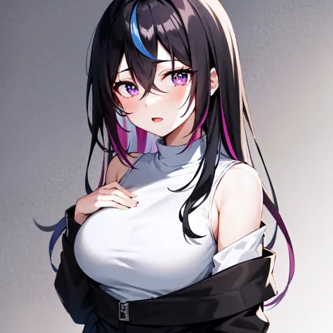 1girl, bangs, bare_shoulders, black_hair, blush, breasts, gradient, gradient_background, grey_background, (hair_between_eyes:1.47), hand_in_hair, large_breasts, long_hair, long_sleeves, looking_at_viewer, multicolored_hair, off_shoulder, open_mouth, pink_hair, purple_eyes, shirt, sidelocks, solo, streaked_hair, two-tone_hair, upper_body, white_shirt