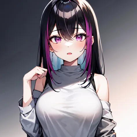 1girl, bangs, bare_shoulders, BDSM, (black_hair:1.24), blush, breasts, gradient, gradient_background, grey_background, hair_between_eyes, hand_in_hair, large_breasts, long_hair, long_sleeves, looking_at_viewer, multicolored_hair, off_shoulder, open_mouth, pink_hair, purple_eyes, shirt, sidelocks, solo, streaked_hair, two-tone_hair, upper_body, white_shirt