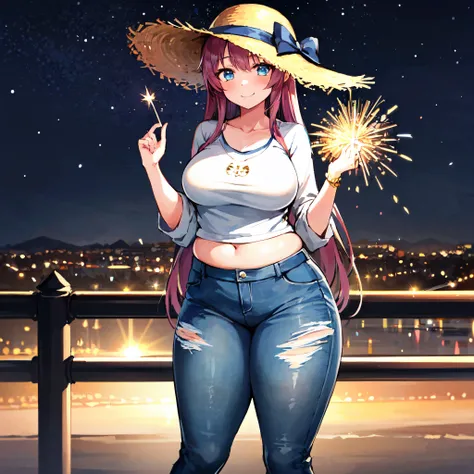 (1girl, fat, thick hips:1.41), obese, arm_support, aurora, red_hair, blue_eyes, blue_pants, breasts, bridge, christmas_lights, city_lights, cityscape, crop_top, denim, ferris_wheel, fireworks, galaxy, heart_cutout, jeans, long_hair, long_sleeves, looking_at_viewer, medium_breasts, midriff, milky_way, navel, night, night_sky, palm_tree, pants, railing, shooting_star, sky, skyline, smile, solo, space, sparkler, standing, star_\(sky\), starry_sky, straw_hat, summer_festival, sunflower, torn_clothes, torn_jeans, torn_pants, tree, white_shirt, golden_hour, rim_lighting