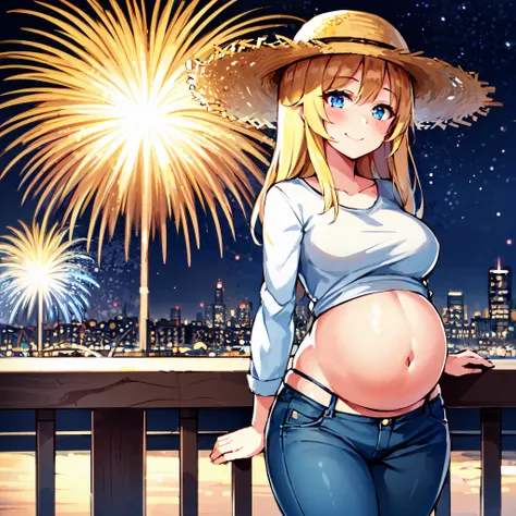 (1girl, thick belly:1.48), thick hips, obese, aerial_fireworks, arm_support, aurora, blonde_hair, blue_eyes, blue_pants, breasts, bridge, christmas_lights, city_lights, cityscape, crop_top, denim, ferris_wheel, fireworks, galaxy, heart_cutout, jeans, long_hair, long_sleeves, looking_at_viewer, medium_breasts, midriff, milky_way, navel, night, night_sky, palm_tree, pants, railing, shooting_star, sky, skyline, smile, solo, space, sparkler, standing, star_\(sky\), starry_sky, straw_hat, summer_festival, sunflower, torn_clothes, torn_jeans, torn_pants, tree, white_shirt, golden_hour, rim_lighting