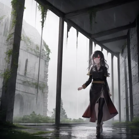 best quality, rain, fantasy, walking through ruined ancient buildings, 1girl, detailed clothing, glowing eyes,