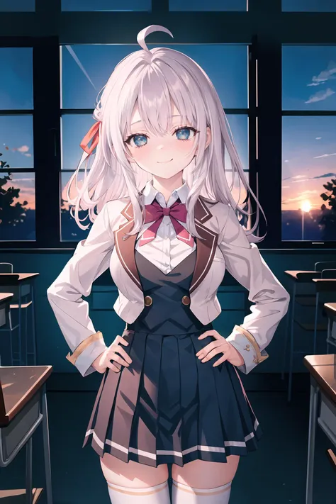 1girl, alisa mikhailovna kujou, hair ribbon, solo, white thighhighs, pleated skirt, collared shirt, bowtie, smile, hair ribbon, blazer, vest, standing, cowboy shot, looking at viewer, pout, blush, hands on hips, sunset, classroom, window, backlighting, depth of field