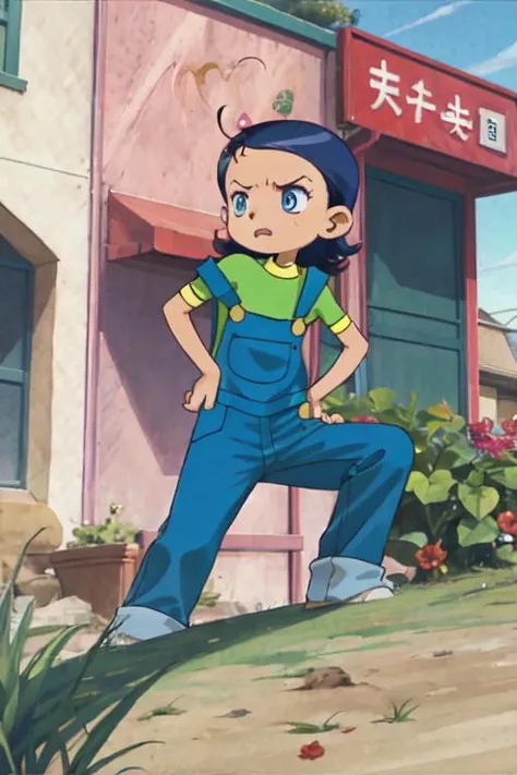 <lora:0010Oaiko:1>,aiko,1girl,solo,overalls,green shirt,angry,