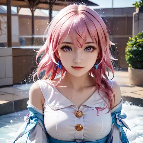 (Highest quality、4K、8K, masterpiece:1.3), Ultra detailed face, Detailed lips, Detailed eyes, double eyelid,
BREAK,
(Encouraging smile:1.3), (Seductive pose:1.5), (dynamic pose:1.3), dynamic angle,
BREAK,
1girl, 16 years old, Generous Breasts, Plump shape,
BREAK,
lacus clyne, (purple eyes:1.1), hair ornament, long hair, wave hair ornament, (pink hair:1.3),
(wet hair:1.2), (wet skin:1.2),
BREAK,
(Golden hair ornament), (Wet:1.5), ((white V-neck Short sleeve shirt and purple Tiered skirt)),
outdoor, (((in the sea))),