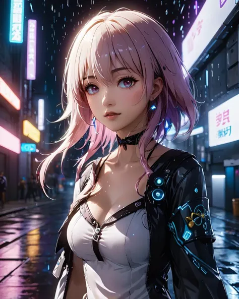 8k,detailed anime style,cosplay style,close shot,a cute girl with floating hair,standing in cyberpunk street,upper body,neo light,night,heavy rain,bloom,shadows,
march 7th,<lora:march_7th:1>,