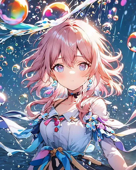 8k,detailed anime style,close shot,a cute girl with floating hair,standing in water,upper body,looking at viewer,surrounded by colorful bubbles,shining,shadows,
march 7th,<lora:march_7th:1>,