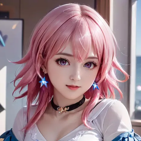realistic,photograph,4k,cosplay style,a cute girl,shining,shadpws,pink hair,upper body,march_7th_(HONKAI_STAR RAIL),<lora:march_7th_(HONKAI_STAR RAIL):1>,
