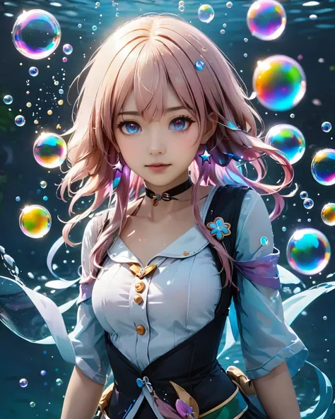 8k,((cosplay style,realistic,RAW,photograph)),close shot,a cute girl with floating hair,standing in water,upper body,looking at viewer,surrounded by colorful bubbles,shining,shadows,
march 7th,<lora:march_7th:1>,