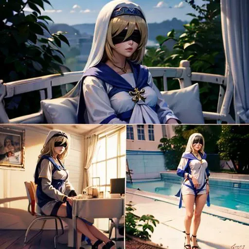 1girl, detailed, masterpiece, poorly drawn:-1, <lora:PabloEscobarWaitingMeme:1>, IncrsWaitingMeme, comic, <lora:swordmaiden-lora-nochekaiser:0.8> sword maiden, long hair, blonde hair, blindfold, (black blindfold:1.2), dress, necklace, white dress, sandals, habit