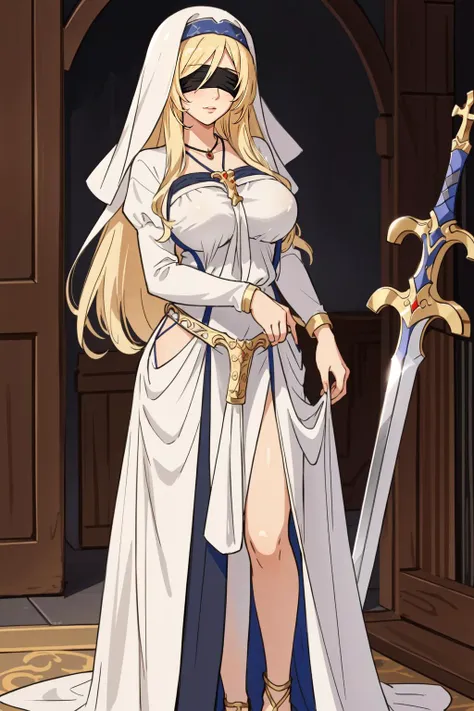 (masterpiece, best quality), intricate details,
1girl, solo, <lora:swordmaidentest:0.8> sword maiden, long hair, blonde hair, blindfold, (black blindfold:1.2), (large breast:1.2),, dress, necklace, white dress, sandals, habit,