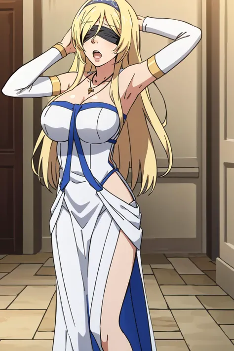 (masterpiece, best quality), intricate details,
1girl, solo, <lora:swordmaidentest:0.8> sword maiden, long hair, blonde hair, blindfold, (black blindfold:1.2), (large breast:1.2),, dress, necklace, white dress, sandals, habit,,
<lora:mahonest-01:0.8> hands on head, myhonest reaction, looking at viewer,