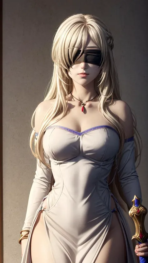 (1girl, solo, masterpiece, 4k,  best quality:1.2, (cowboy shot), best quality:1.2, NICE HANDS, COLORFUL, (perfect hands, perfect anatomy)),  
sword maiden, long hair, bangs, blonde hair, blindfold, (covered eyes:1.2), black blindfold,
dress, jewelry, weapon, sword, necklace, white dress, bare shoulders, collarbone,
((medium breasts, big hips, looking at the viewer, cleavage, tight dress)),  [PINK LIPSTICK], 
((simple background, white background)), <lora:GoodHands-vanilla:1>