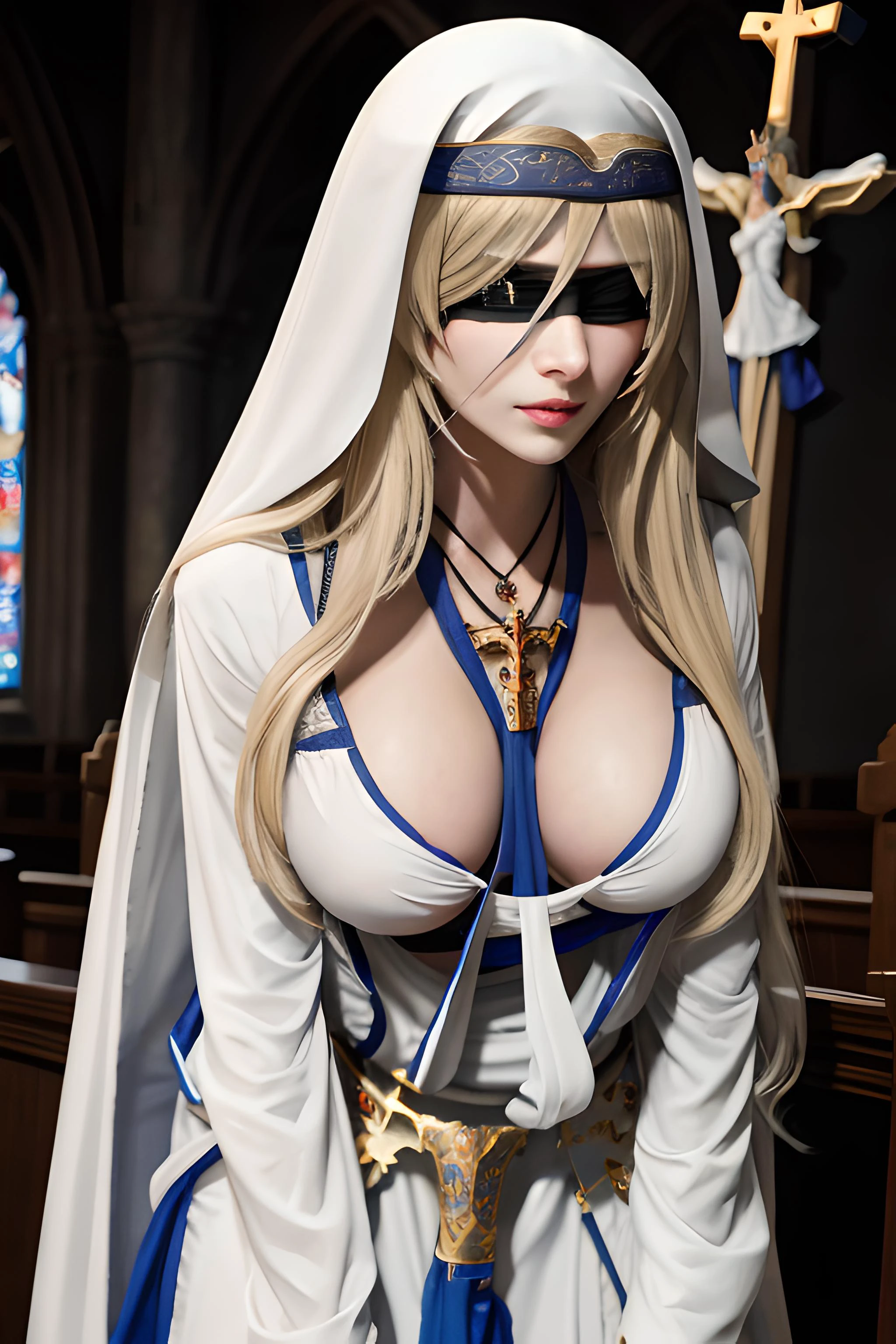 swordmaiden,sword maiden, long hair, blonde hair, blindfold, (black blindfold:1.2), (large breast:1.2), dress, necklace, white dress, sandals, habit, looking at viewer, indoors, church, (masterpiece:1.2), best quality, high resolution, unity 8k wallpaper, (illustration:0.8), (beautiful detailed eyes:1.6), extremely detailed face, perfect lighting, extremely detailed CG, (perfect hands, perfect anatomy),
<lora:downblouse-v1:1.3> <lora:swordmaidentest:1>