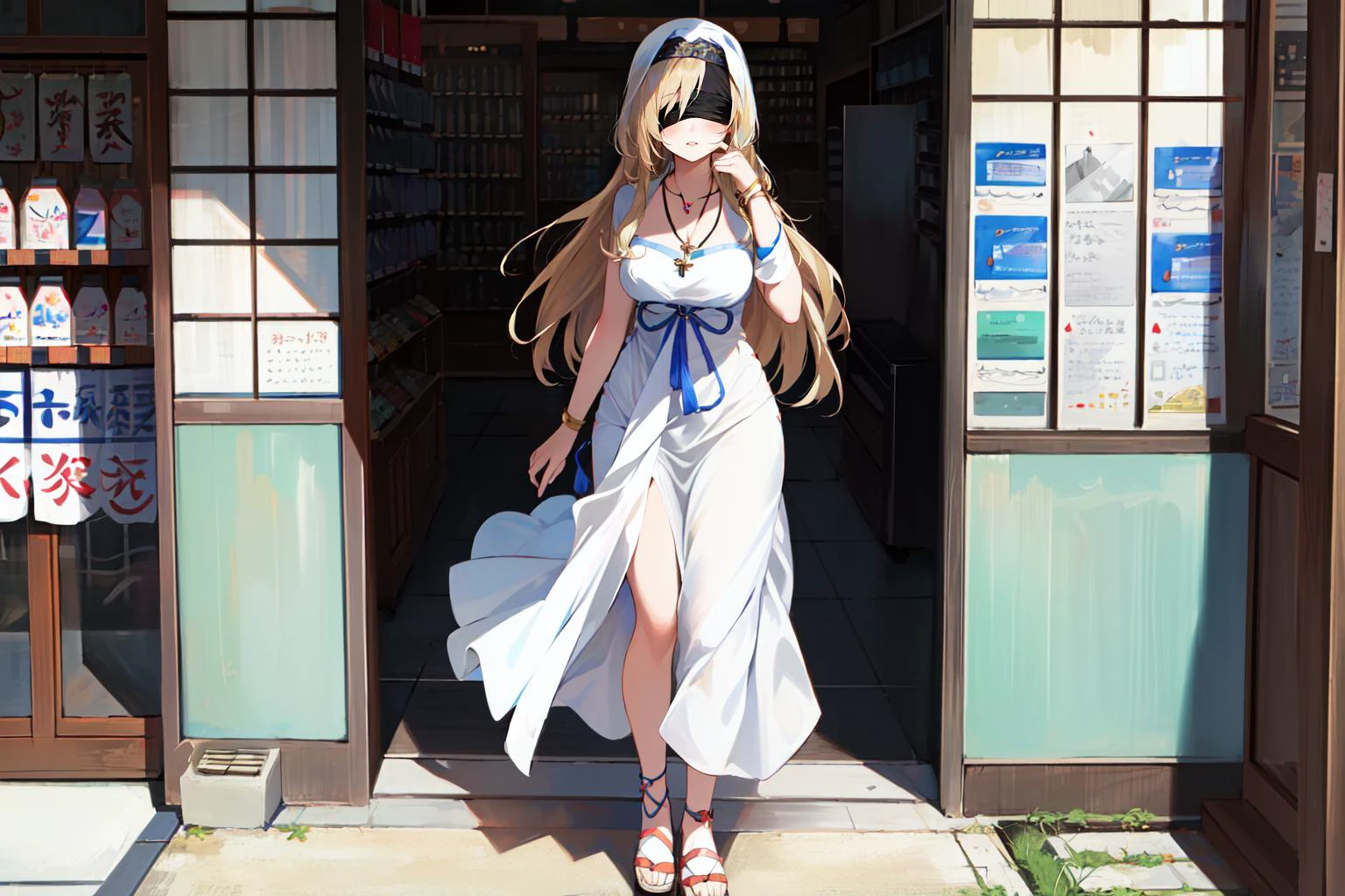 (masterpiece, best quality), intricate details,
1girl, <lora:swordmaiden-lora-nochekaiser:0.8> sword maiden, long hair, blonde hair, blindfold, (black blindfold:1.2),, dress, necklace, white dress, sandals, habit,
<lora:japan stores:0.8> standing in front of japanese store, storefront,