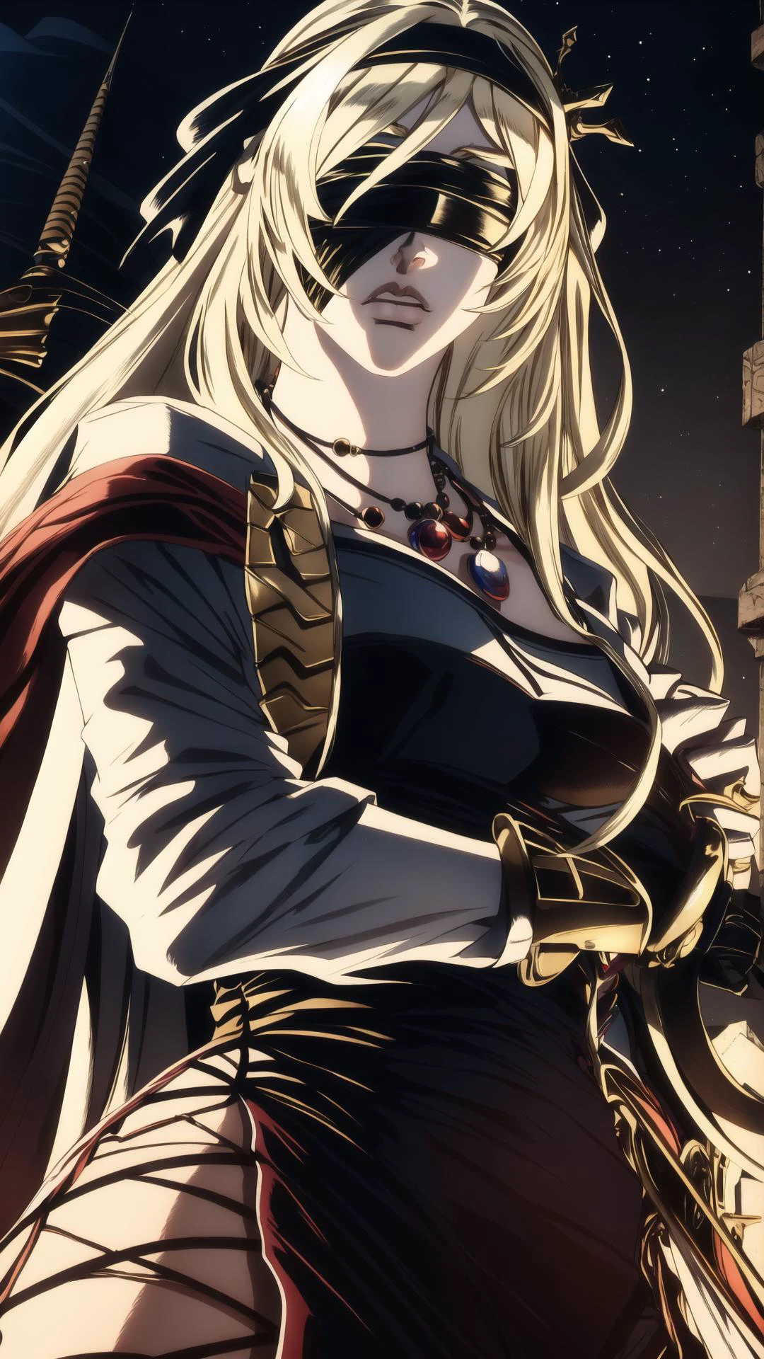 <lora:sword maiden s2-lora-nochekaiser:0.8> sword maiden, 1girl, long hair, bangs, blonde hair, blindfold, (covered eyes:1.2), black blindfold, dress, jewelry, necklace, BREAK, <lora:JOJO'S_BIZARRE_ADVENTURE_Part1and2_ComicStyle-000055:0.8>, masterpiece, best quality, extremely detailed, highly quality, 4k, sharp focus, professional, sharp focus, award winning, cinematic lighting, octane render, unreal engine, volumetrics dtx, Wallpaper,