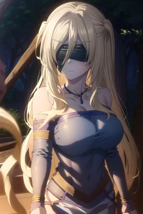 swordmaiden, <lora:sword maiden s2-lora-nochekaiser:1>,
sword maiden, long hair, bangs, blonde hair, blindfold, (covered eyes:1.2), black blindfold, (large breasts:1.2), <lora:SadMadFaces:0.8>, pout, pouting, puffy cheeks,
BREAK dress, jewelry, necklace, white dress, bare shoulders, collarbone,
BREAK outdoors, forest, nature, night, night sky, starry sky, moon,
BREAK looking at viewer, (cowboy shot:1.5),
BREAK <lyco:GoodHands-beta2:1>, (masterpiece:1.2), best quality, high resolution, unity 8k wallpaper, (illustration:0.8), (beautiful detailed eyes:1.6), extremely detailed face, perfect lighting, extremely detailed CG, (perfect hands, perfect anatomy),