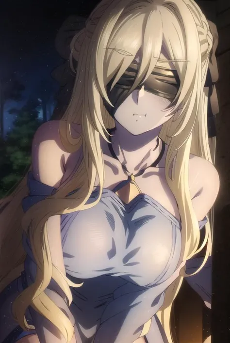 swordmaiden, <lora:sword maiden s2-lora-nochekaiser:1>,
sword maiden, long hair, bangs, blonde hair, blindfold, (covered eyes:1.2), black blindfold, (large breasts:1.2), <lora:SadMadFaces:0.8>, pout, pouting, puffy cheeks,
BREAK dress, jewelry, necklace, white dress, bare shoulders, collarbone,
BREAK outdoors, forest, nature, night, night sky, starry sky, moon,
BREAK looking at viewer, (cowboy shot:1.5),
BREAK <lyco:GoodHands-beta2:1>, (masterpiece:1.2), best quality, high resolution, unity 8k wallpaper, (illustration:0.8), (beautiful detailed eyes:1.6), extremely detailed face, perfect lighting, extremely detailed CG, (perfect hands, perfect anatomy),