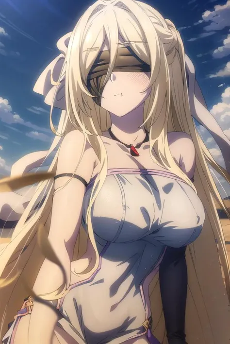 swordmaiden, <lora:sword maiden s2-lora-nochekaiser:1>,
sword maiden, long hair, bangs, blonde hair, blindfold, (covered eyes:1.2), black blindfold, (large breasts:1.2), <lora:SadMadFaces:0.8>, pout, pouting, puffy cheeks,
BREAK dress, jewelry, necklace, (white dress:1.5), bare shoulders, collarbone,
BREAK outdoors, forest, nature, sun, sky, clouds, blue sky,
BREAK looking at viewer, (cowboy shot:1.5),
BREAK <lyco:GoodHands-beta2:1>, (masterpiece:1.2), best quality, high resolution, unity 8k wallpaper, (illustration:0.8), (beautiful detailed eyes:1.6), extremely detailed face, perfect lighting, extremely detailed CG, (perfect hands, perfect anatomy),