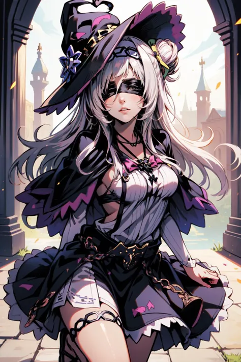 (masterpiece, best quality), intricate details,
1girl, <lora:murasaki_shion_v1:0.8> aashion, 1girl, long hair, (single hair bun:1.1), short eyebrows, small breasts, hairband, witch hat, pink bowtie, black capelet, white hair,
<lora:swordmaidentest:0.8> blindfold, (black blindfold:1.2), (large breast:1.2),, dress, necklace, white dress, sandals, habit,,