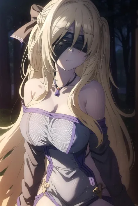 swordmaiden, <lora:sword maiden s2-lora-nochekaiser:1>,
sword maiden, long hair, bangs, blonde hair, blindfold, (covered eyes:1.2), black blindfold, (large breasts:1.2), <lora:SadMadFaces:0.8>, pout, pouting, puffy cheeks,
BREAK dress, jewelry, necklace, white dress, bare shoulders, collarbone,
BREAK outdoors, forest, nature, night, night sky, starry sky, moon,
BREAK looking at viewer, (cowboy shot:1.5),
BREAK <lyco:GoodHands-beta2:1>, (masterpiece:1.2), best quality, high resolution, unity 8k wallpaper, (illustration:0.8), (beautiful detailed eyes:1.6), extremely detailed face, perfect lighting, extremely detailed CG, (perfect hands, perfect anatomy),