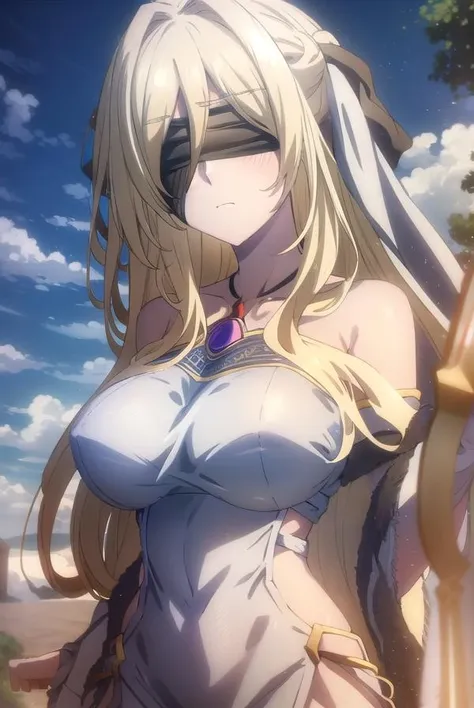 swordmaiden, <lora:sword maiden s2-lora-nochekaiser:1>,
sword maiden, long hair, bangs, blonde hair, blindfold, (covered eyes:1.2), black blindfold, (large breasts:1.2), <lora:SadMadFaces:0.8>, pout, pouting, puffy cheeks,
BREAK dress, jewelry, necklace, (white dress:1.5), bare shoulders, collarbone,
BREAK outdoors, forest, nature, sun, sky, clouds, blue sky,
BREAK looking at viewer, (cowboy shot:1.5),
BREAK <lyco:GoodHands-beta2:1>, (masterpiece:1.2), best quality, high resolution, unity 8k wallpaper, (illustration:0.8), (beautiful detailed eyes:1.6), extremely detailed face, perfect lighting, extremely detailed CG, (perfect hands, perfect anatomy),