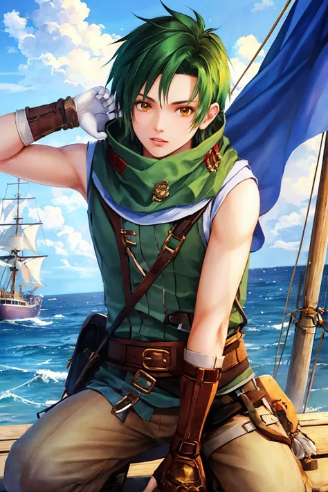 <lora:sothe_fe:1> sothe, parted bangs, sleeveless, scarf, gloves
masterpiece, best quality, absurdres, ship, ocean, blue sky, pirate ship