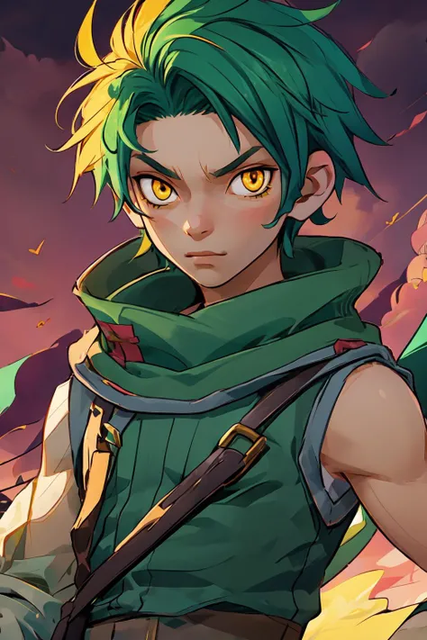 <lora:sothe_fe-10:1>, sothe, sleeveless, scarf, facing viewer, AS-YoungV2, upper body, serious, twilight, red sky, castle, yellow eyes, green hair
