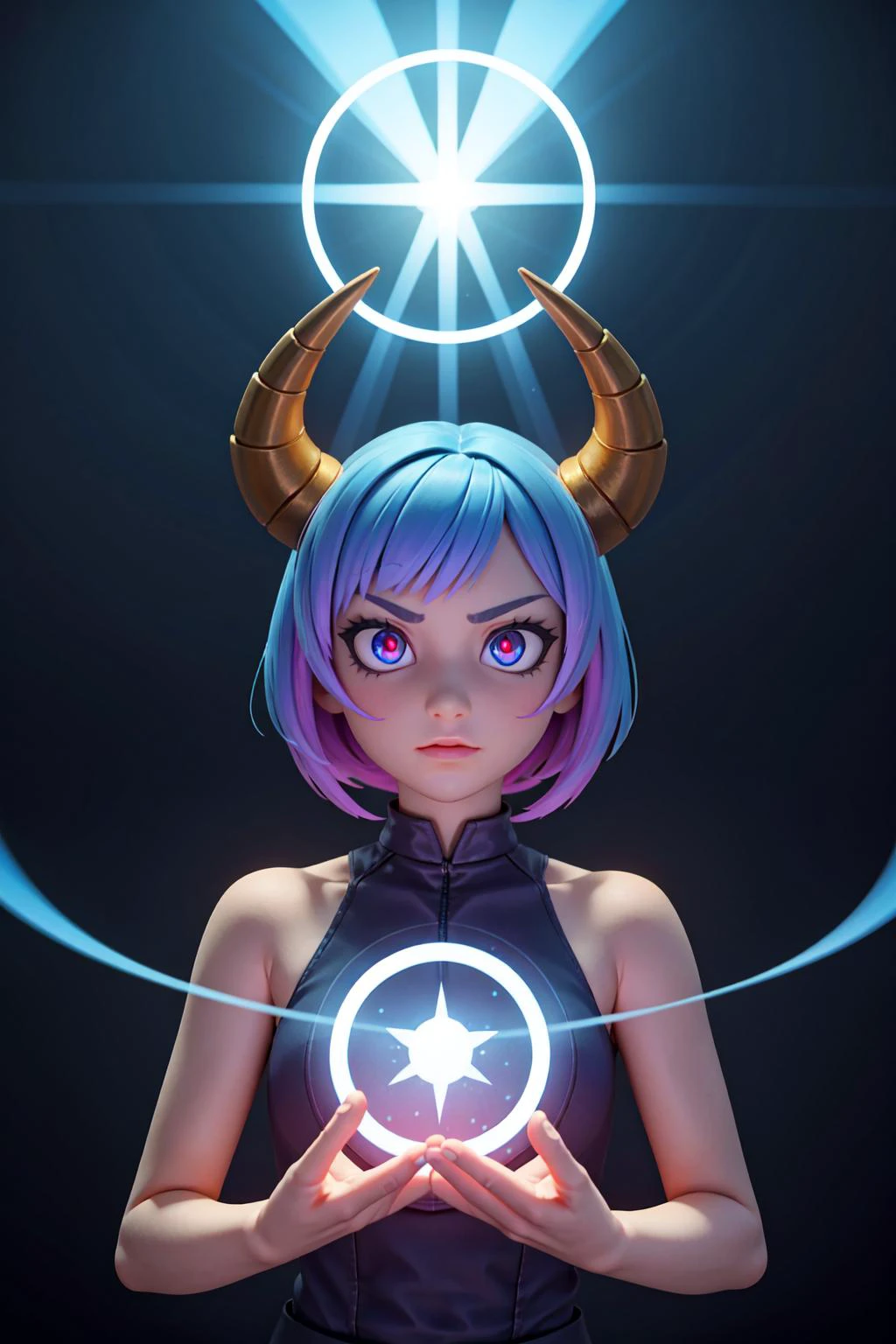 realistic, 1girl, blue hair, horns, multicolored eyes, glowing, blue eye, purple eye, bare shoulders, demon eyes, magic circle, light particles, light rays, wallpaper,