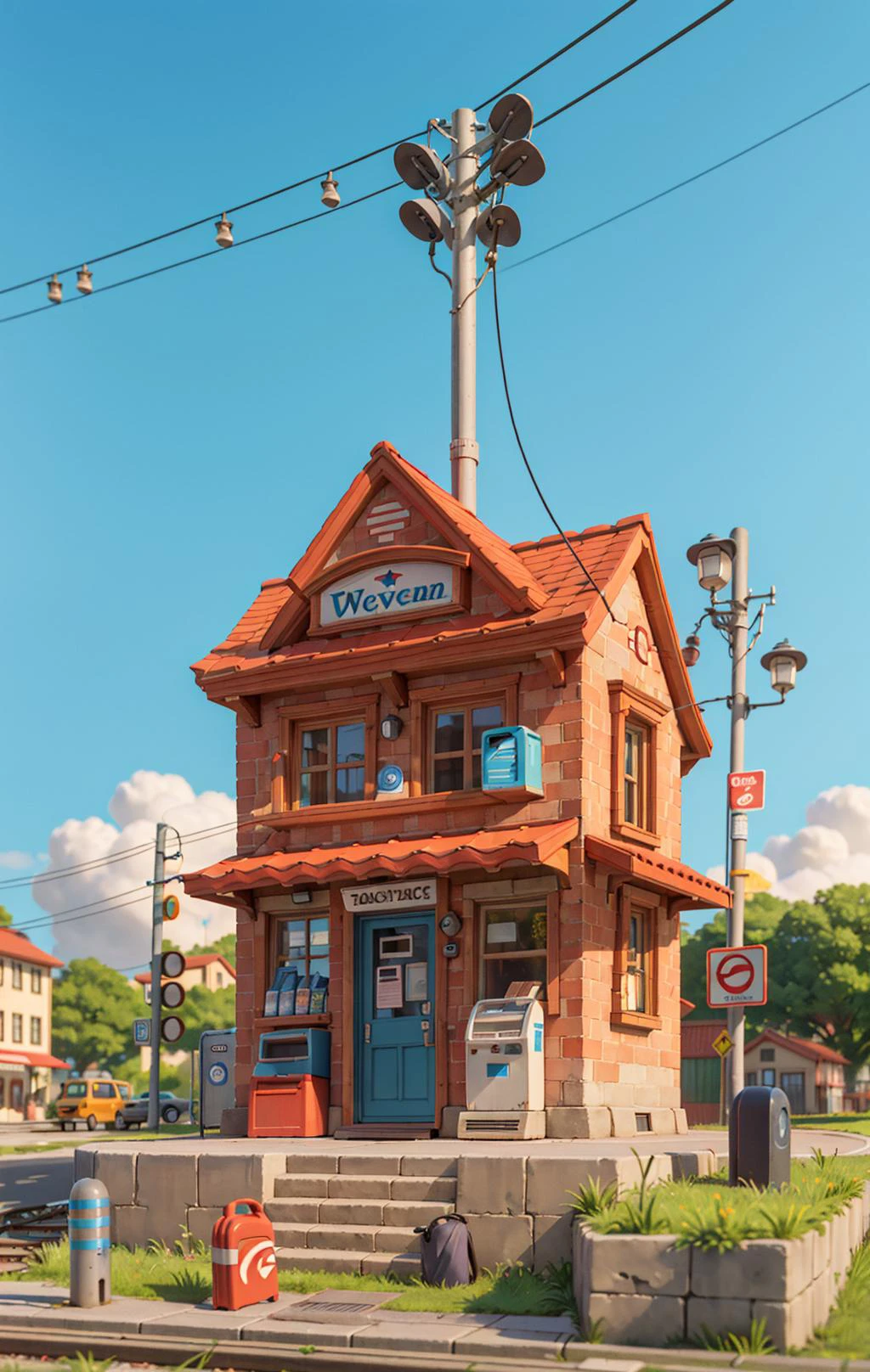 (Miniature cityscape), (Isometric:1), Cartoon style, (Sandbox game style), (White background), (superb detail), Train, Lighting, Clear sky, Outdoors, Landscapes, Clouds, Sky, Signs, Roads, Grass, Vending machines, Power poles, Road signs, Wires, (Railroad tracks: 1.5), Petrol station, Train, Service area, grass, 3D, 8k, HDR, high definition, film grain. Blue sky, white clouds, small trees, mailbox, stairs, clean background <lora:airconditionerlora:0.6>