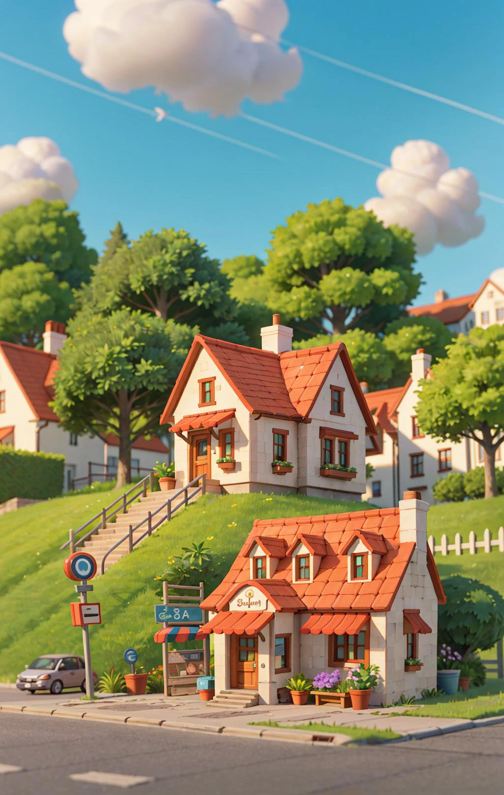 (Miniature cityscape), (Isometric:1), Cartoon style, (Sandbox game style), (White background), (superb detail), Florists, potted plants, flowers, grass, trees, shops, shops, signs, Lighting, Clear sky, Outdoors, Landscapes, Clouds, Sky, Roads, Grass,, grass, 3D, 8k, HDR, high definition, film grain. Blue sky, white clouds, small trees, mailbox, stairs, clean background <lora:airconditionerlora:0.6>