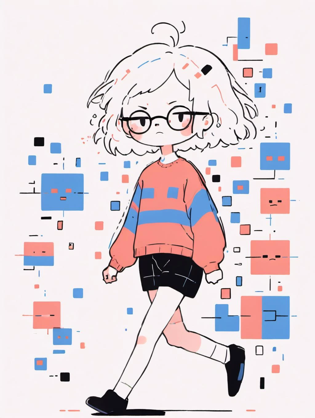 Minimalist style a lewd lady wearing glasses, with messy hair, nose blush, full body <lora:Destijl:1> . Simple, clean, uncluttered, modern, elegant