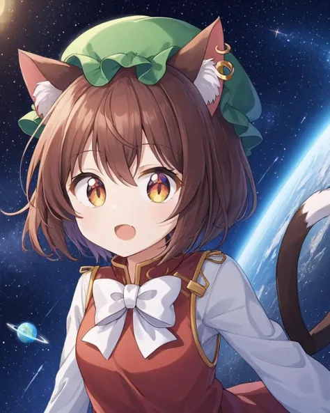 chen,1girl, solo, two_tails, mob_cap, cat_tail, green_headwear, single_earring, open_mouth, nekomata, upper_body, animal_ear_fluff, white_bowtie, red_dress, space, long_sleeves
<lora:chen_image5769_2023-12-11:1>,star-shaped_pupils,symbol-shaped_pupils,. gorgeous,key visual, vibrant, studio anime,award-winning, professional, highly detailed,high budget, cinemascope