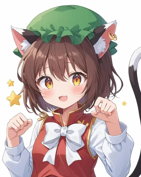 chen,1girl, solo, mob_cap, skin_fang, open_mouth, cat_tail, :d, upper_body, white_background, simple_background, green_headwear, two_tails, single_earring, looking_at_viewer, blush, nekomata, claw_pose, white_bowtie, long_sleeves, gold_trim, red_dress, hands_up, animal_ear_fluff, shirt, red_vest
<lora:chen_image5769_2023-12-11:1>,star-shaped_pupils,symbol-shaped_pupils,. gorgeous,key visual, vibrant, studio anime,award-winning, professional, highly detailed,high budget, cinemascope