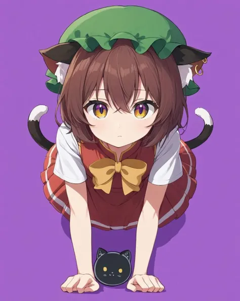 chen,1girl, solo, cat_tail, two_tails, mob_cap, nekomata, looking_at_viewer, purple_background, paw_print, red_dress, animal_ear_fluff, simple_background, bow, all_fours, single_earring, short_sleeves, closed_mouth, green_headwear
<lora:chen_image5769_2023-12-11:1>,star-shaped_pupils,symbol-shaped_pupils,. gorgeous,key visual, vibrant, studio anime,award-winning, professional, highly detailed,high budget, cinemascope