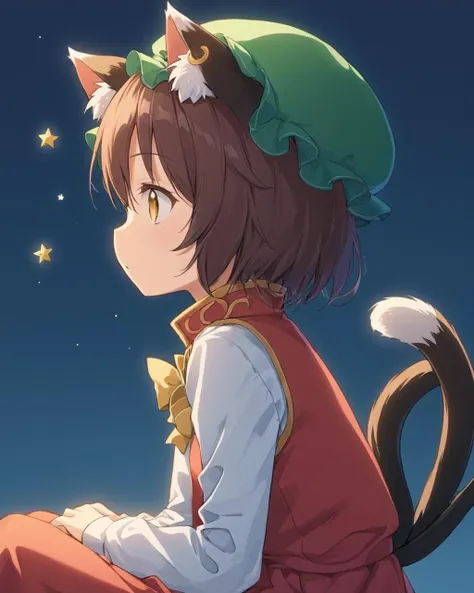 chen,1girl, solo, cat_tail, earrings, mob_cap, simple_background, bow, red_dress, long_sleeves, looking_at_viewer, sitting, profile, two_tails, green_headwear, from_side, mouth_hold
<lora:chen_image5769_2023-12-11:1>,star-shaped_pupils,symbol-shaped_pupils,. gorgeous,key visual, vibrant, studio anime,award-winning, professional, highly detailed,high budget, cinemascope