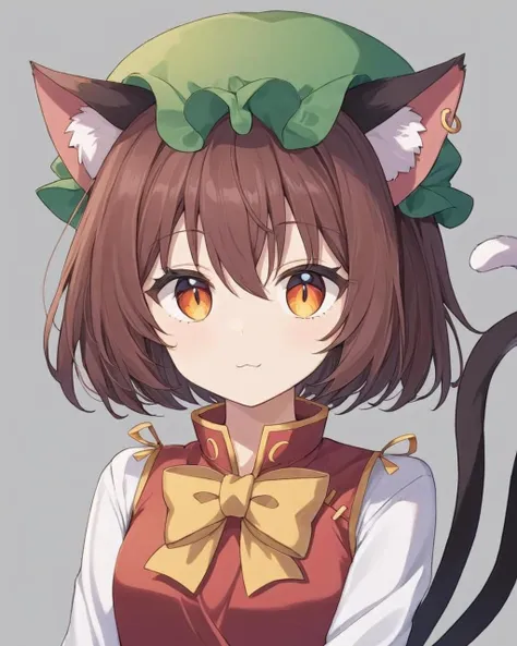 chen,1girl, cat_tail, solo, two_tails, mob_cap, nekomata, grey_background, green_headwear, simple_background, bowtie, long_sleeves, looking_at_viewer, red_dress, upper_body, animal_ear_fluff, fang_out
<lora:chen_image5769_2023-12-11:1>,star-shaped_pupils,symbol-shaped_pupils,. gorgeous,key visual, vibrant, studio anime,award-winning, professional, highly detailed,high budget, cinemascope