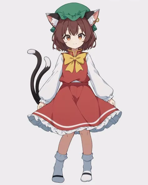 chen,1girl, solo, cat_tail, white_background, two_tails, simple_background, :3, long_sleeves, single_earring, mob_cap, green_headwear, closed_mouth, nekomata, wariza, full_body, looking_at_viewer, socks, red_dress, yellow_bowtie, animal_ear_fluff, smile, red_skirt
<lora:chen_image5769_2023-12-11:1>,star-shaped_pupils,symbol-shaped_pupils,. gorgeous,key visual, vibrant, studio anime,award-winning, professional, highly detailed,high budget, cinemascope