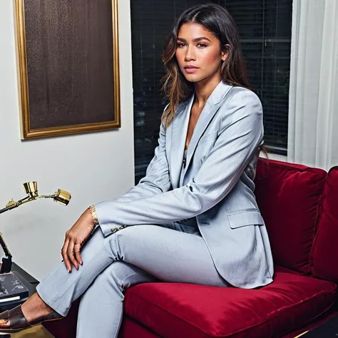 raw photo about a ohwx woman, (ohwx woman body:1),,professional pose, serious face, modern living room , fashion dress, seated on sofa watching tv , <lora:zendaya_ohwx_woman_300_v1:1>
