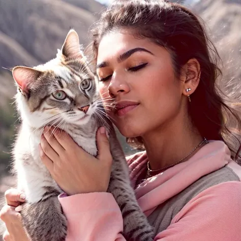raw photo about a ohwx woman, (ohwx woman body:1),,professional pose,  serious face,   on outdoor mountain,  hug a kitty  <lora:zendaya_ohwx_woman_300_v1:1>, closed eyes