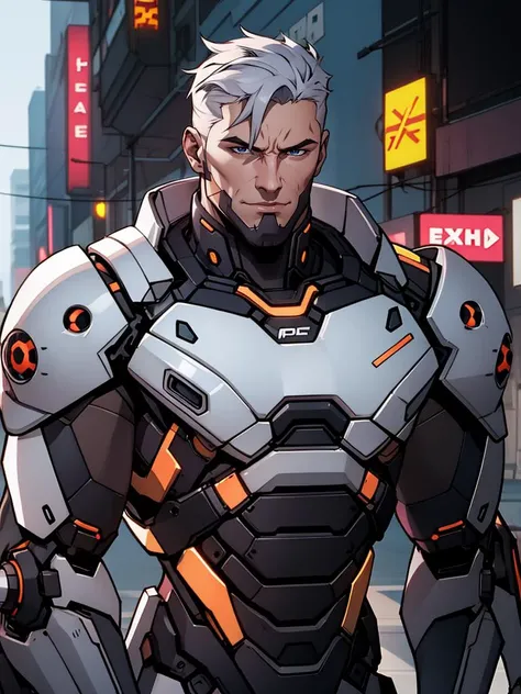 <lora:Overwatch2_Western-000016:0.3>,Sodier76,Mecha,overwatch2,Half-length close up,cyberpunk,science fiction background,comic style,in cyberpunk city,mechanical body,prosthetic transformation,portrait of detailed soldier with his mechanical bodysuit heavy exosuit,solo,futurism,masculinity,male_focus,upper_body