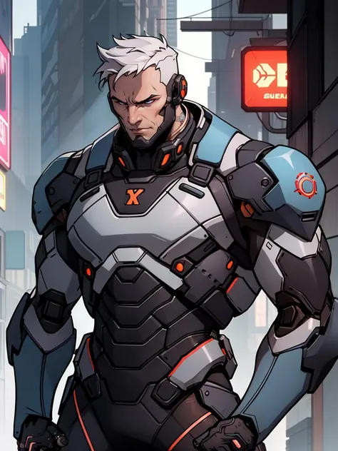 <lora:Overwatch2_Western-000016:0.3>,Sodier76,Mecha,overwatch2,Half-length close up,cyberpunk,science fiction background,comic style,in cyberpunk city,mechanical body,prosthetic transformation,portrait of detailed soldier with his mechanical bodysuit heavy exosuit,solo,futurism,masculinity,male_focus,upper_body