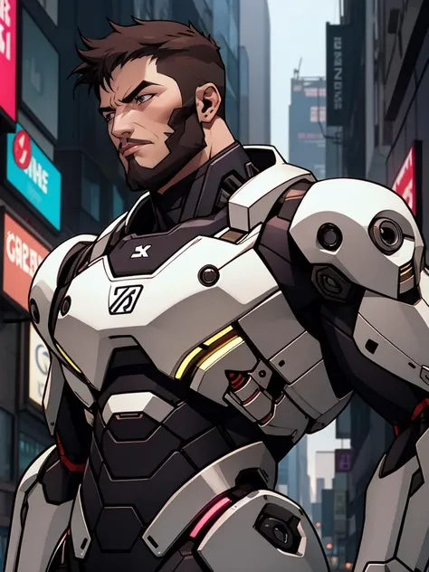 <lora:Overwatch2_Western-000016:0.3>,Sodier76,Mecha,overwatch2,Half-length close up,cyberpunk,science fiction background,comic style,in cyberpunk city,mechanical body,prosthetic transformation,portrait of detailed soldier with his mechanical  heavy exosuit,solo,futurism,masculinity,male_focus,upper_body