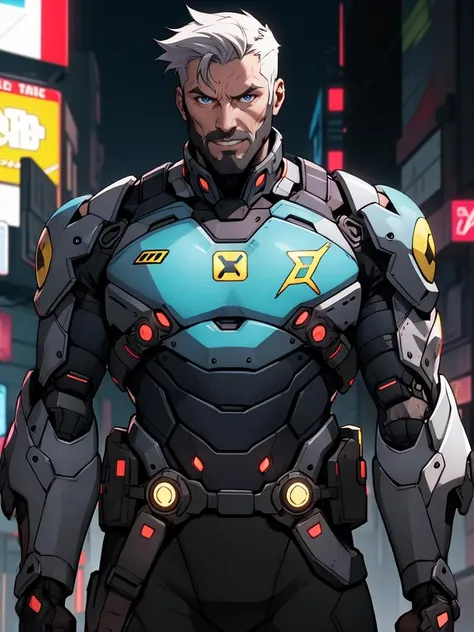 <lora:Overwatch2_Western-000016:0.3>,Sodier76,Mecha,overwatch2,Half-length close up,cyberpunk,science fiction background,comic style,in cyberpunk city,mechanical body,prosthetic transformation,portrait of detailed soldier with his mechanical bodysuit heavy exosuit,solo,futurism,masculinity,male_focus,upper_body