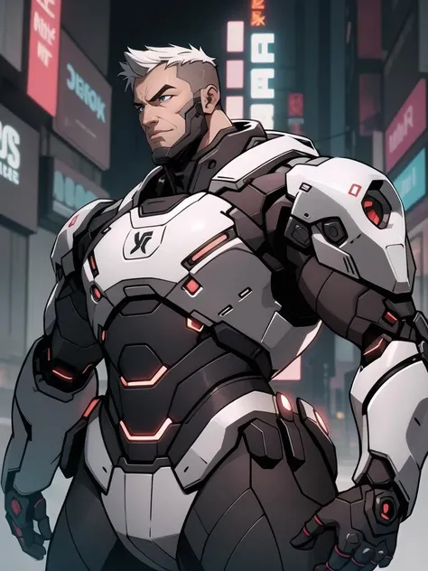 <lora:Overwatch2_Western-000016:0.3>,Sodier76,Mecha,overwatch2,Half-length close up,cyberpunk,science fiction background,comic style,in cyberpunk city,mechanical body,prosthetic transformation,portrait of detailed soldier with his mechanical bodysuit heavy exosuit,solo,futurism,masculinity,male_focus,upper_body