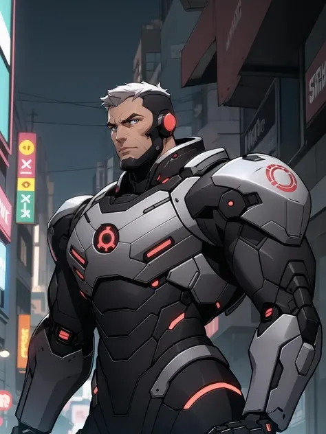 <lora:Overwatch2_Western-000016:0.3>,Sodier76,Mecha,overwatch2,Half-length close up,cyberpunk,science fiction background,comic style,in cyberpunk city,mechanical body,prosthetic transformation,portrait of detailed soldier with his mechanical bodysuit heavy exosuit,solo,futurism,masculinity,male_focus,upper_body